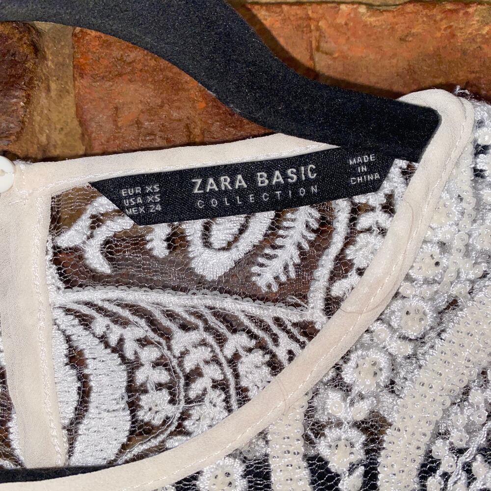Zara White Sequined Semi-Sheer Mesh Lace Short Sleeve Crop Top Women's Size XS - Picture 5 of 7